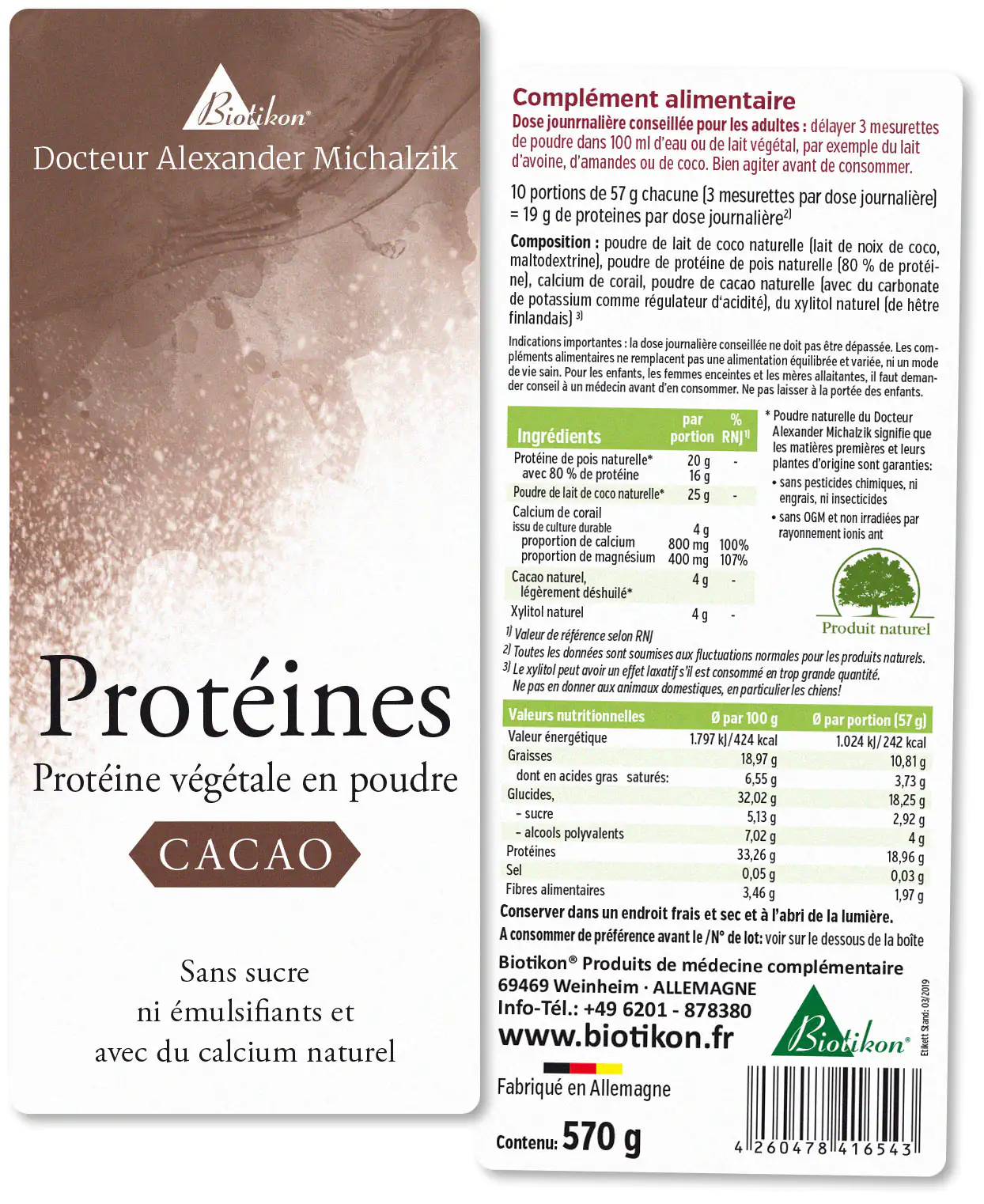 Poudre de Protéines Cacao – 570 g Poudre de protéine végétale au goût de cacao, emballage de 570 g, couleur brune, vue de face.