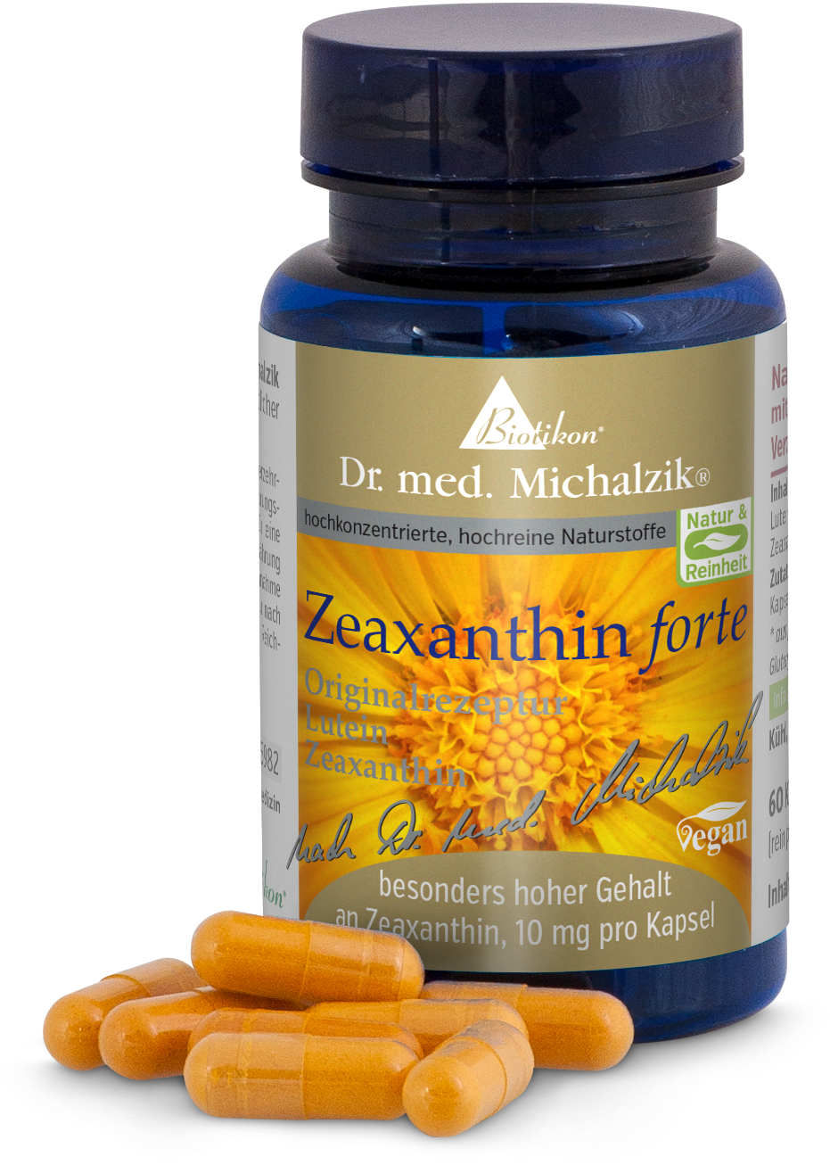 Zeaxanthin Forte 10 mg - Capsules Capsules Zeaxanthin Forte, 60 pièces dans une bouteille bleue, capsules orange.