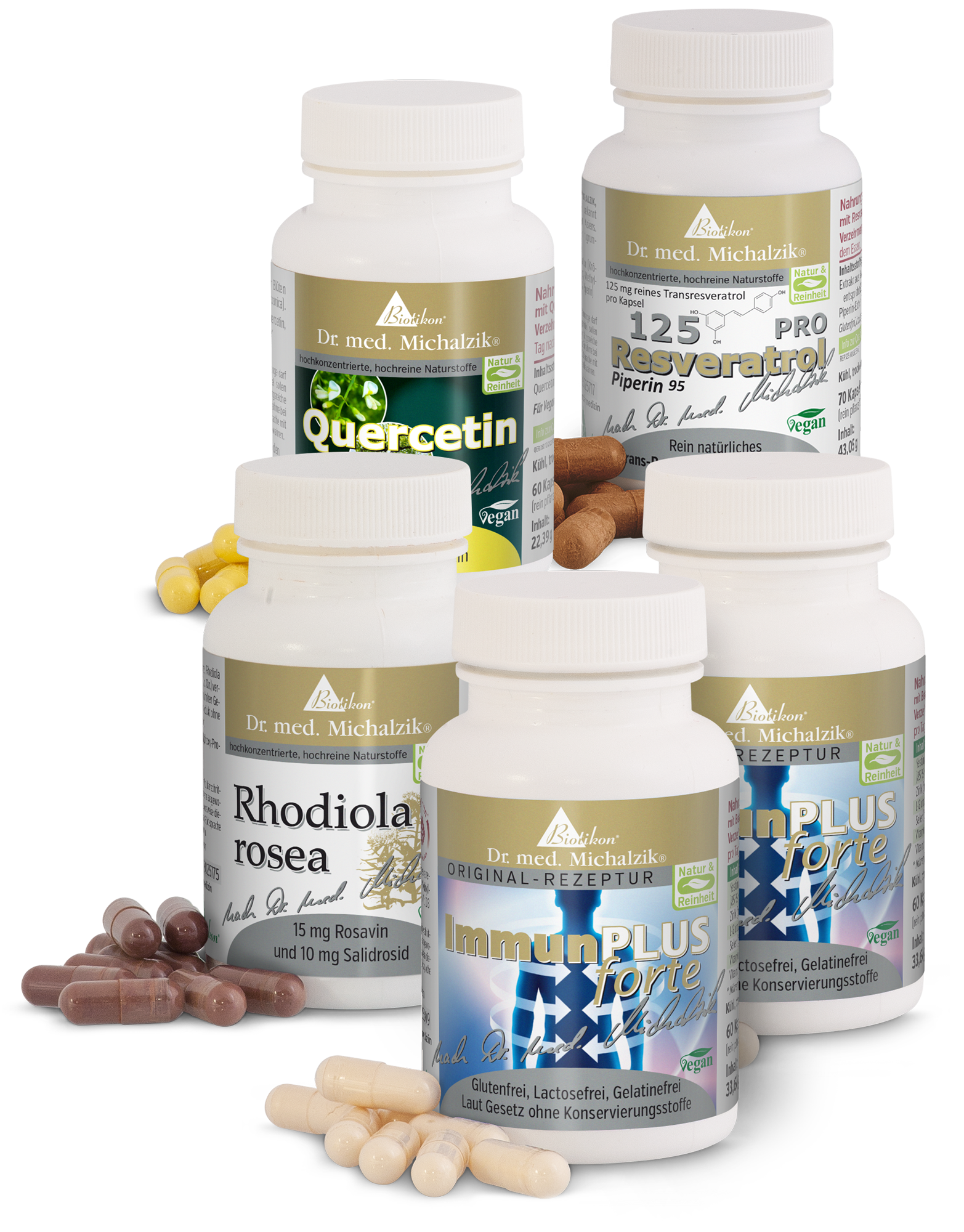 Quercétine 600 mg – Capsules Ingrédient actif quercétine en capsules, 60 pièces, contenant blanc entouré de capsules.