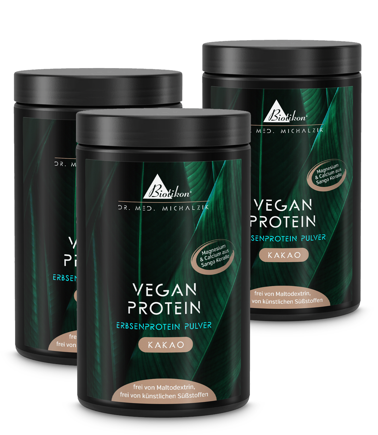 Trois canettes de poudre de protéine végétale cacao, chacune de 300 g, avec un design blanc et une étiquette brune, vue de face.