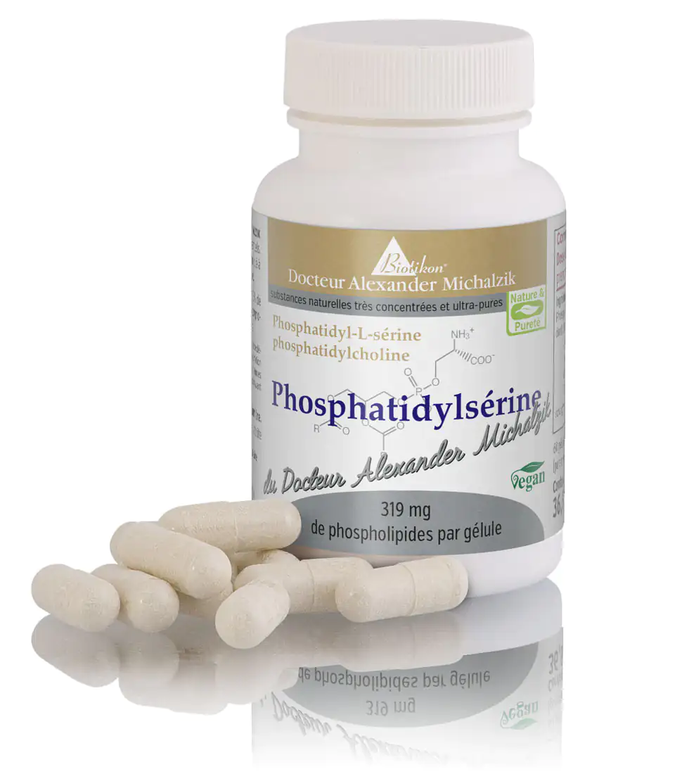 Phosphatidylsérine 319 mg – Capsules Emballage de capsules de phosphatidylsérine, 319 mg, capsules blanches, vue de face.