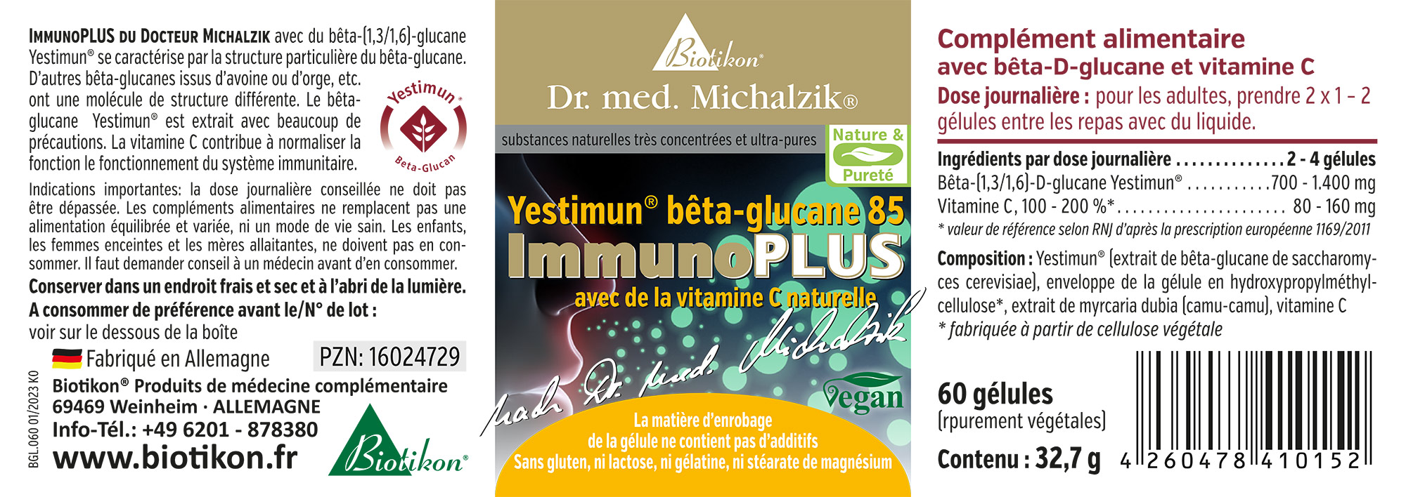 Beta-D-Glucane 700 mg - 60 Capsules Complément alimentaire avec Beta-D-Glucane et Vitamine C, contenant 60 capsules véganes.
