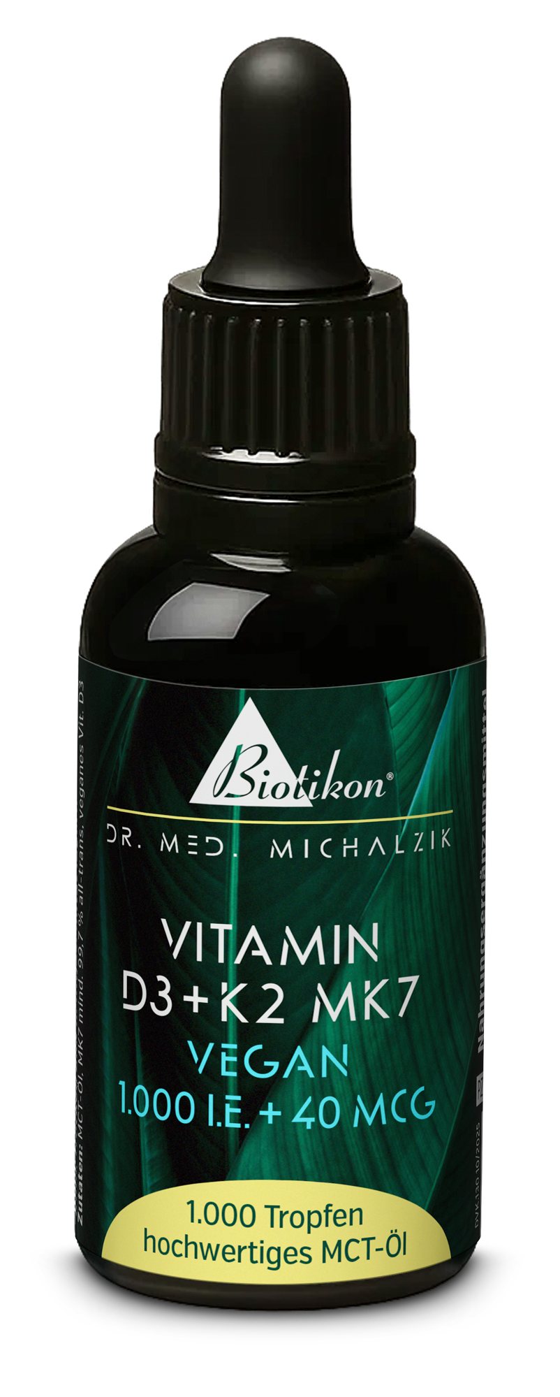 Bouteille compte-gouttes avec 1000 gouttes de vitamine D3 et K2 MK7, emballage noir, bien visible.