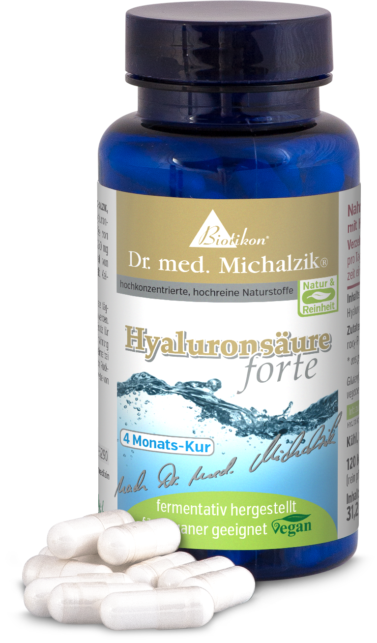 Acide Hyaluronique 120 Capsules - Cure de 4 Mois Bouteille bleue contenant 120 capsules d'acide hyaluronique véganes, fermentées, vue de face et de haut.