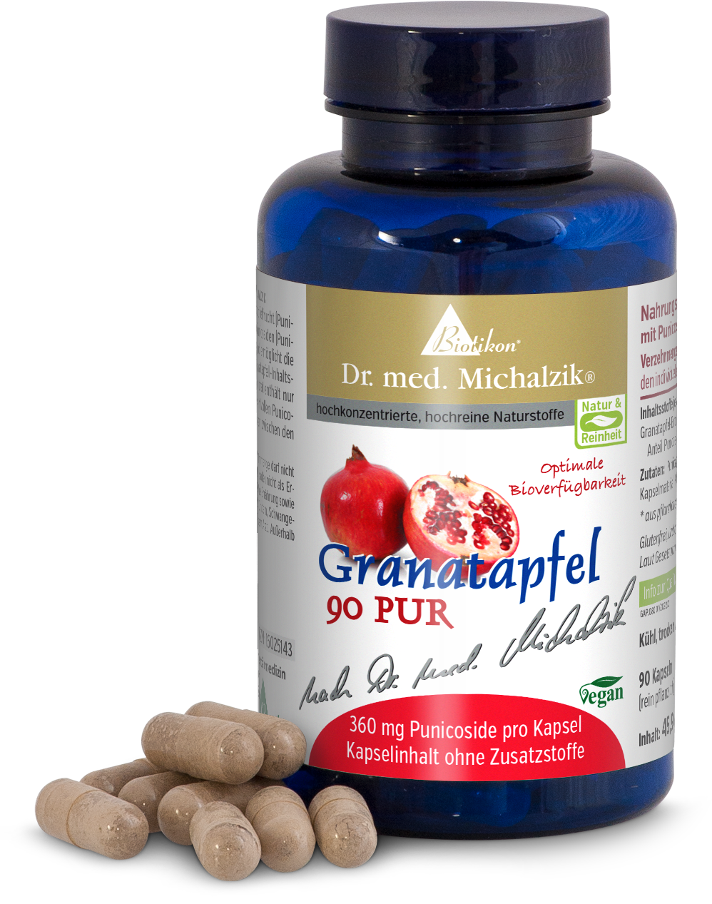 Grenade 360 mg - 90 Capsules Bouteille bleue de capsules de grenade, 90 pièces, avec des capsules beiges visibles, végane.