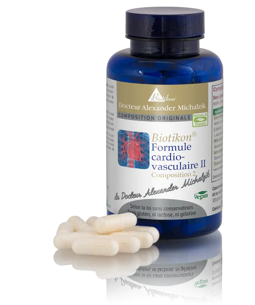 Formule Cardio-Vasculaire II – Capsules Flacon bleu avec capsules blanches, 120 pièces, végan, vue latérale du produit.