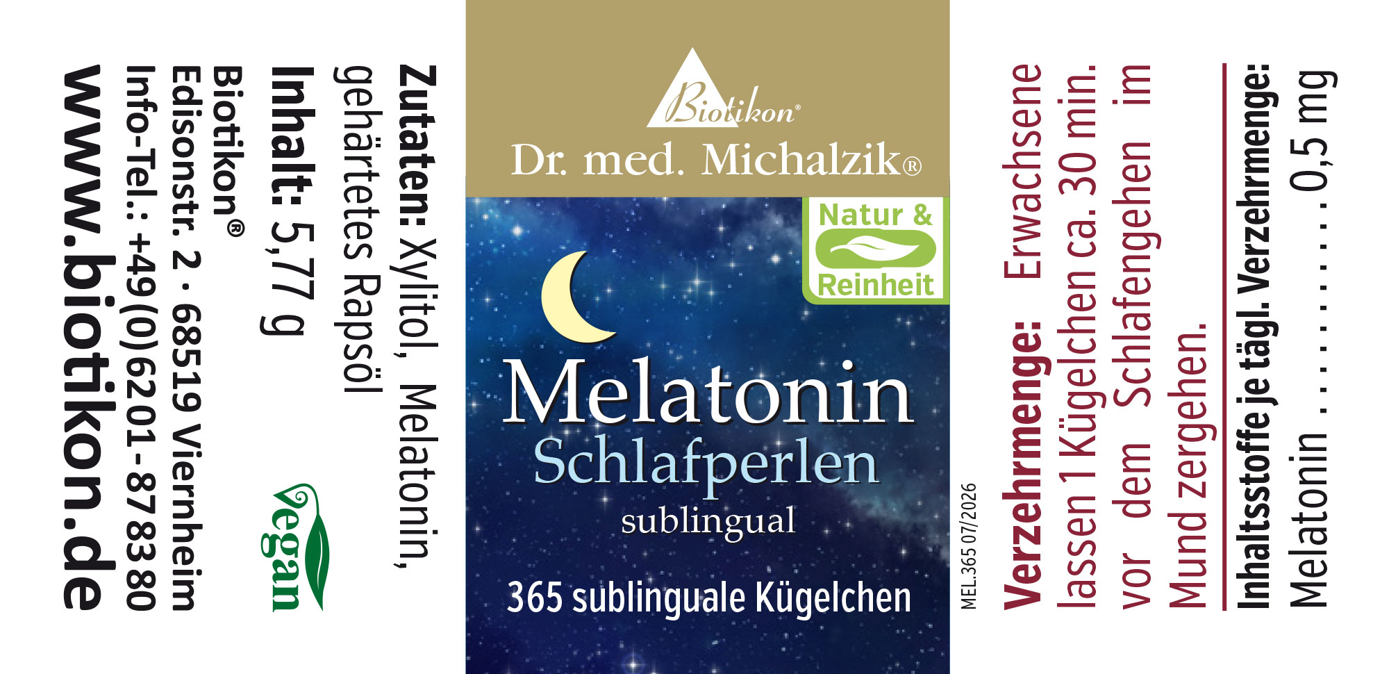 Emballage avec 365 comprimés sublinguaux, design bleu avec motif de lune, vegan, 0,5 mg de mélatonine par comprimé.
