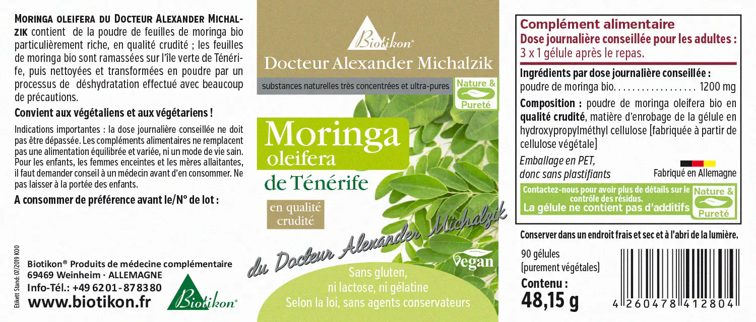 Moringa Oleifera 1200 mg – Capsules 60 capsules véganes de Moringa Oleifera de qualité crue, emballées en PET avec un design vert.