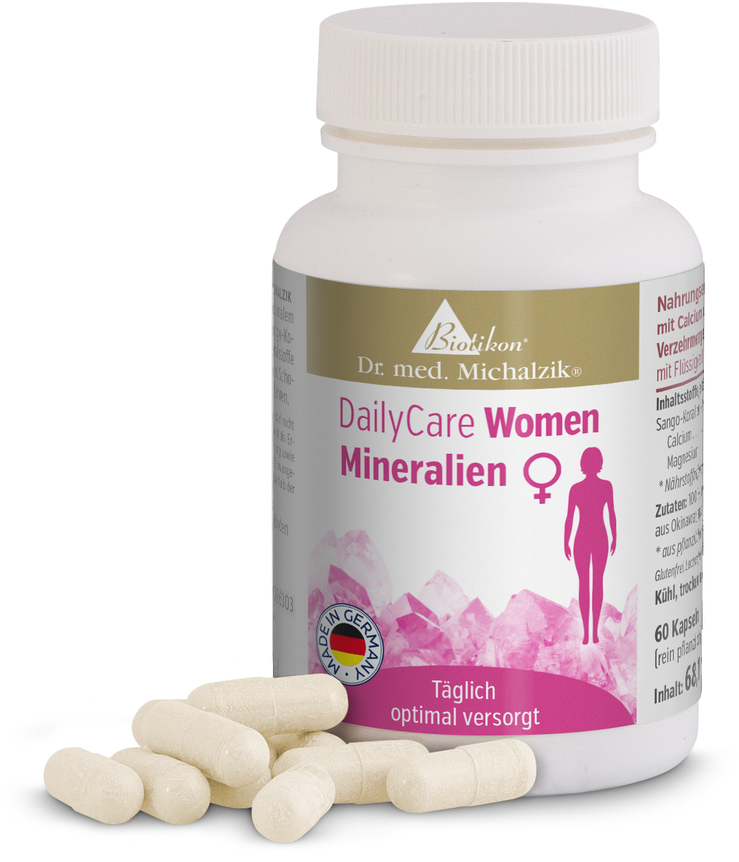 Capsules Minérales 60 Pièces – DailyCare Femmes Capsules minérales DailyCare Femmes, 60 capsules blanches dans une bouteille en plastique, vue de l'emballage et des capsules.