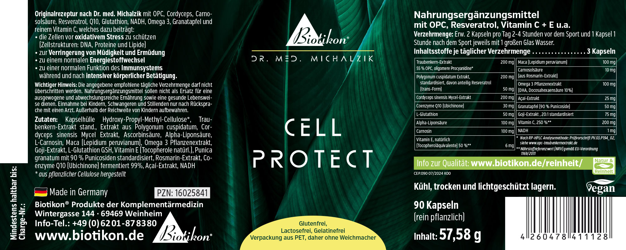 Cell Protect – 90 Capsules Complément alimentaire, 90 capsules en emballage PET, feuilles vertes en arrière-plan