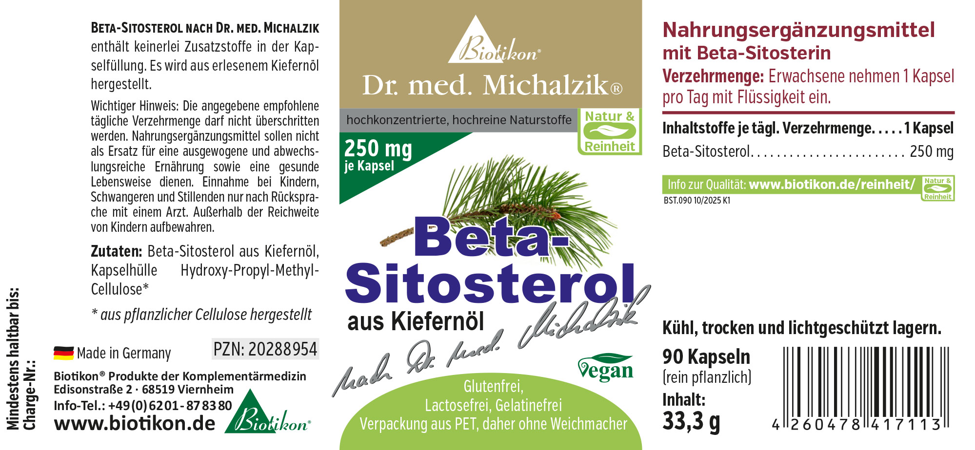90 capsules de bêta-sitostérol à base de pin, emballage végan, 250 mg par capsule.