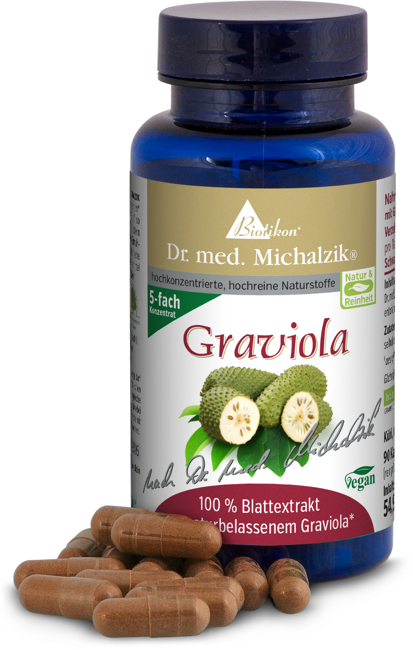 Graviola 100 % Extrait de Feuille - Capsules Gélules de Graviola avec 100 % d'extrait de feuille, 90 pièces dans une bouteille bleue, gélules brunes.