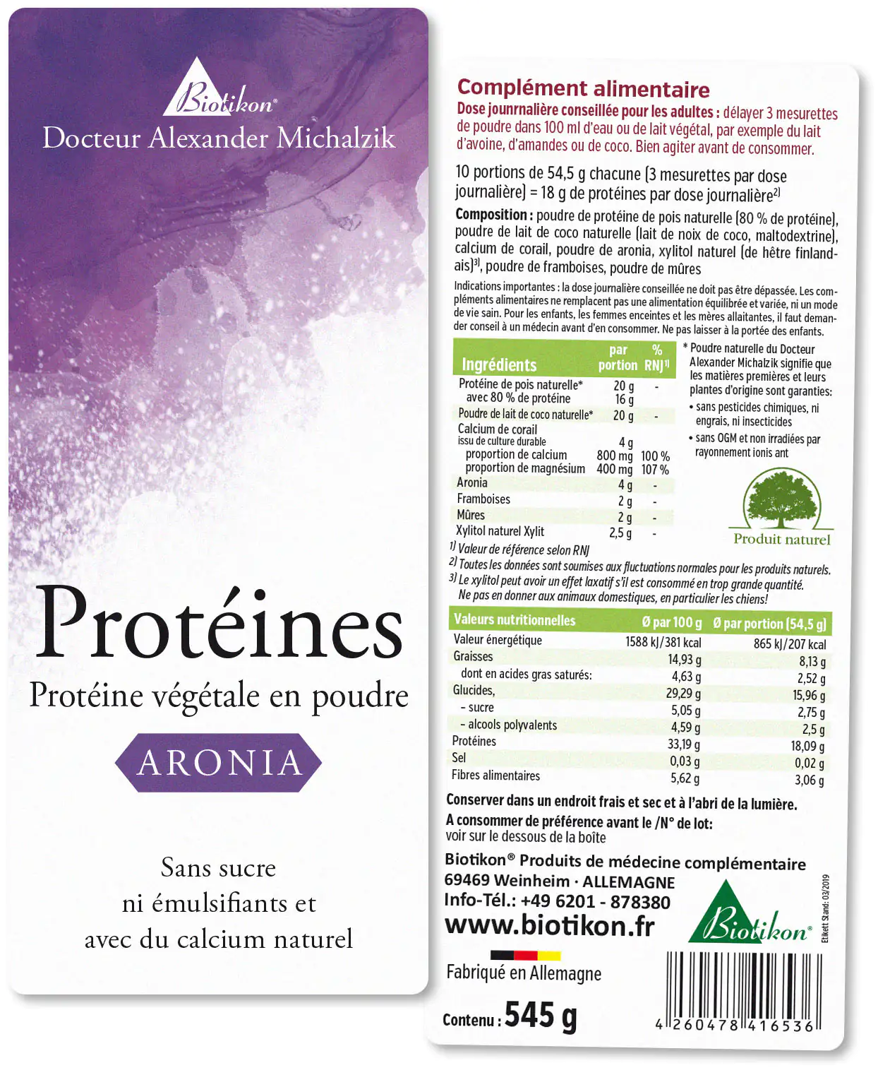 Poudre de Protéine Végétale 545 g – Aronia Poudre de protéine végétale en emballage de 545 g, design violet, sans sucre, sous forme de poudre.