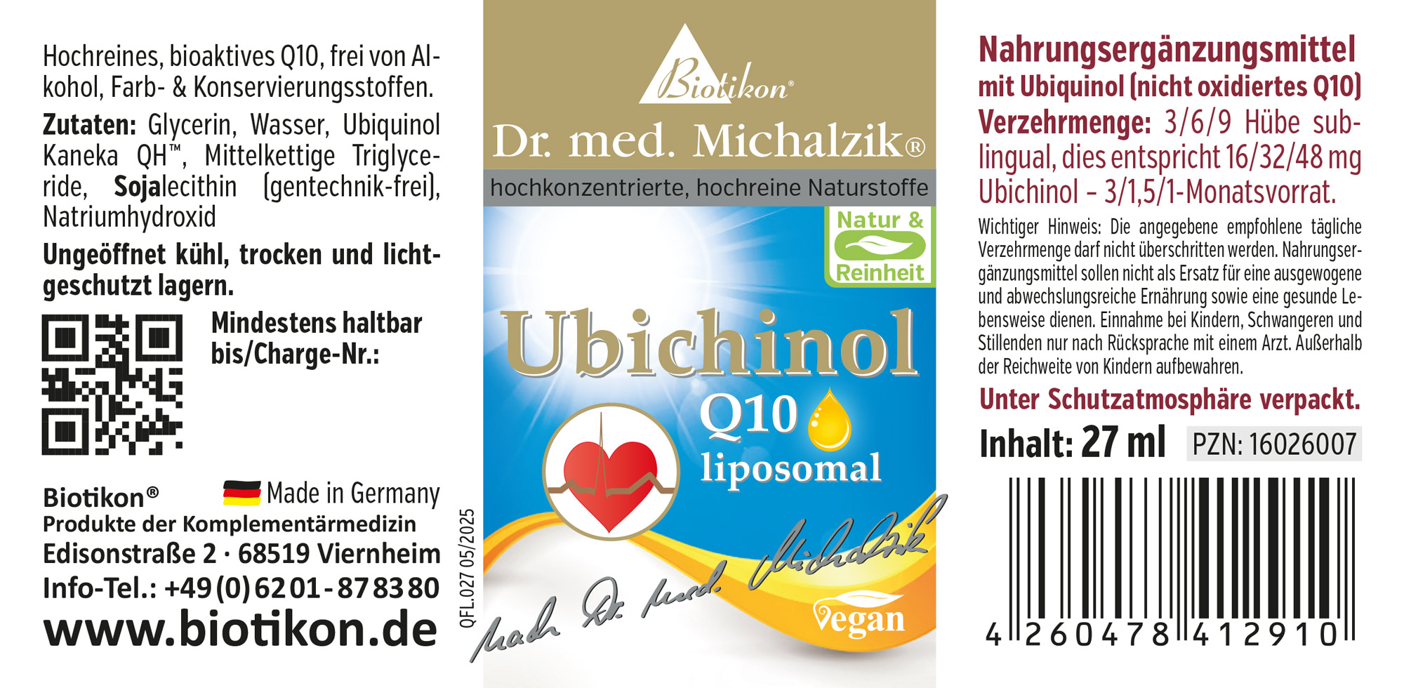 Ubichinol Q10 liposomal – Supplément de 27 ml Complément alimentaire liposomal Ubichinol Q10 dans un flacon de 27 ml avec un emballage bleu et or.