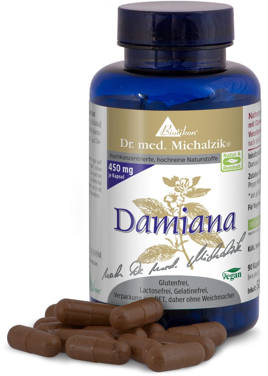 Damiana 450 mg - Capsules véganes Capsules véganes de Damiana dans une bouteille bleue, 90 pièces, capsules brunes, sans gluten, sans lactose.