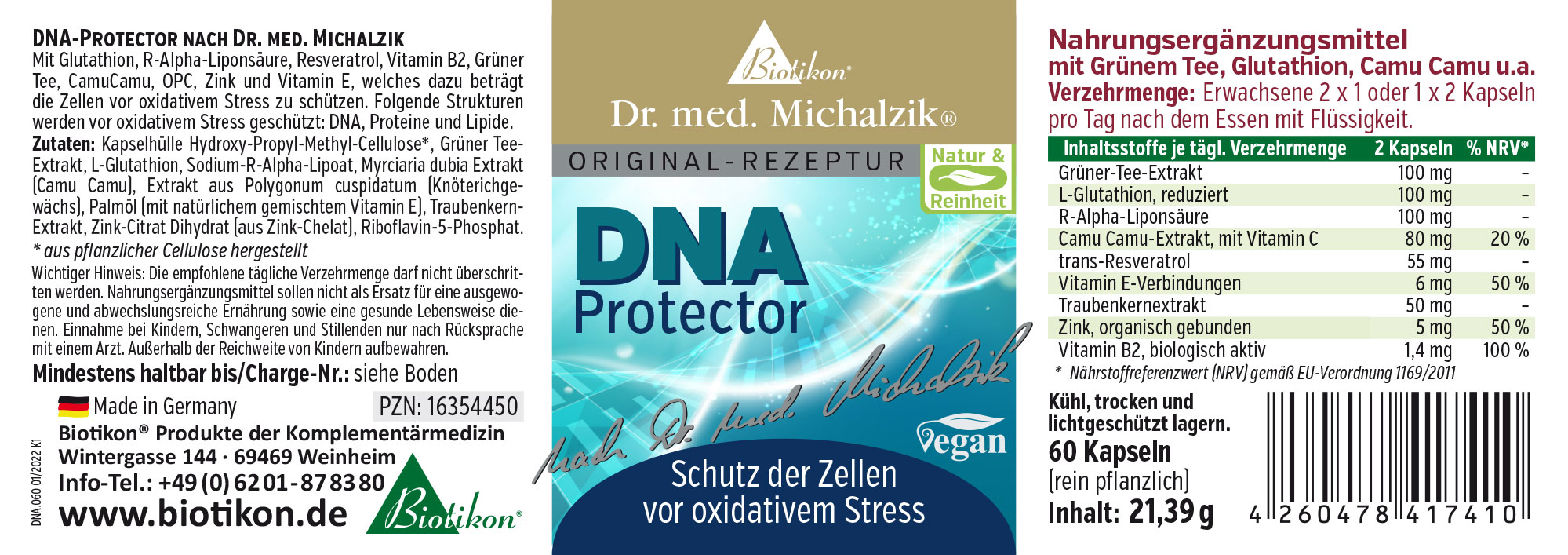 Étiquette DNA Protector - 60 Capsules 60 capsules dans un emballage, design vert et bleu, présenté sur un fond blanc.