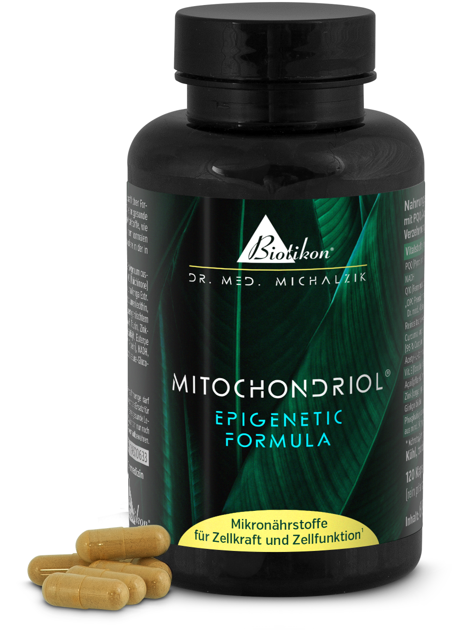 Mitochondriol 120 Capsules – Formule Épigénétique Capsules Mitochondriol dans une bouteille noire, 120 capsules légères visibles avec un design de feuille verte.
