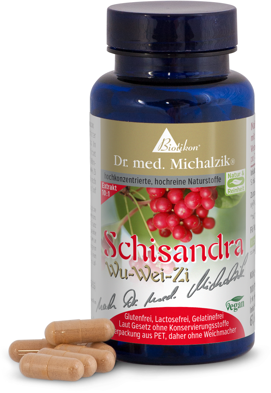 Schisandra Wu-Wei-Zi – 100 Capsules Bouteille bleue avec 100 capsules de Schisandra Wu-Wei-Zi, capsules de couleur naturelle, vue de face.