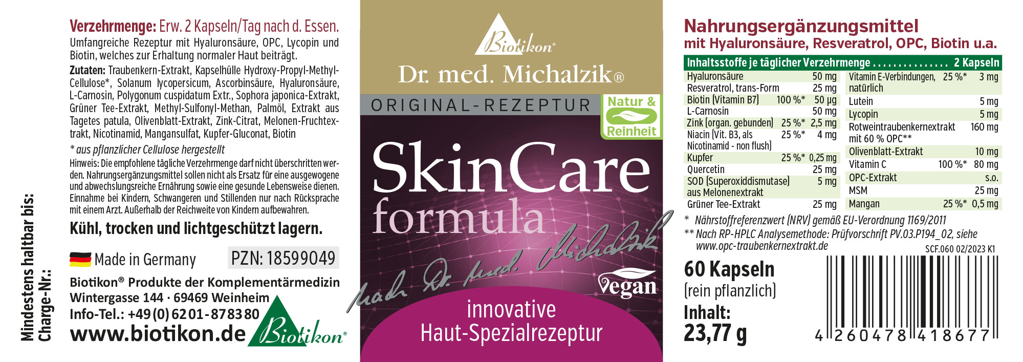 Formule de Soin de la Peau – 60 Capsules Complément alimentaire en capsules, emballage de 60 capsules, végan, fabriqué en Allemagne.
