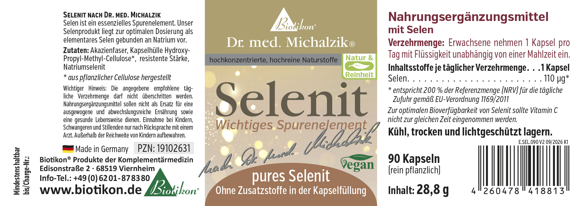 Sélénite 110 µg - Capsules Complément alimentaire Sélénite en capsules, 90 pièces, vegan, emballage gris clair et doré.