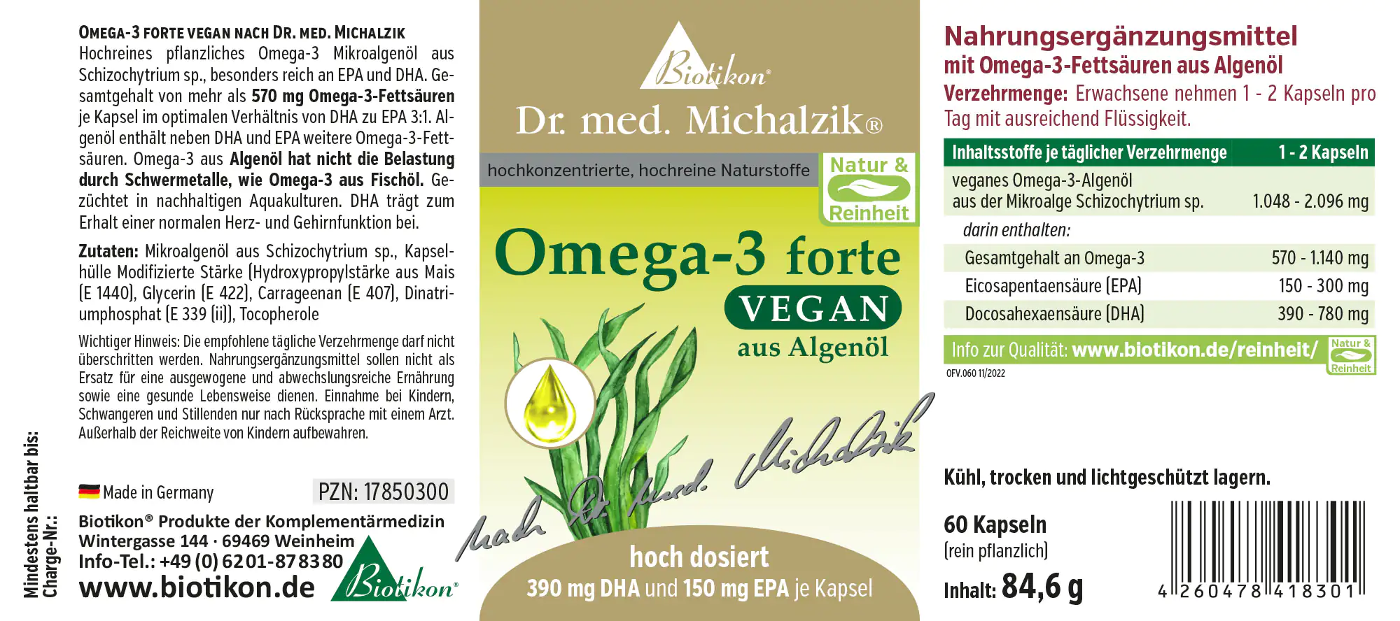 Omega-3 Forte Vegan 390 mg DHA – Gélules Acides gras oméga-3 à partir d'huile d'algue, 60 gélules végétaliennes dans un emballage, vert-jaune, vue latérale.