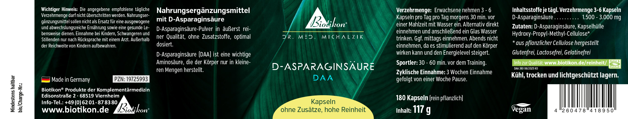 Acide D-Aspartique – 180 Capsules Capsules contenant de l'acide D-aspartique, 180 pièces, emballage vert, vue de face.