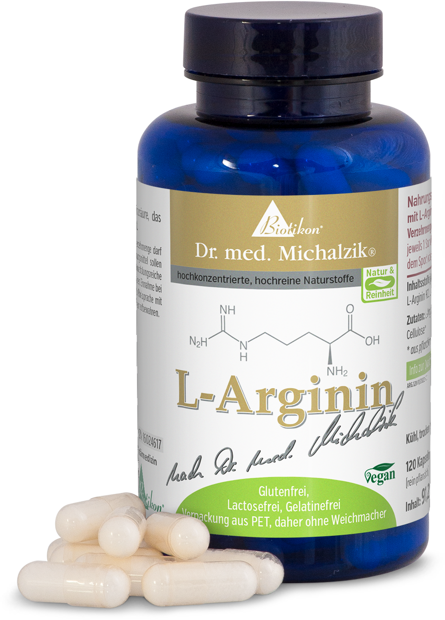 L-Arginine 120 Capsules – Complément Alimentaire Bouteille bleue contenant des capsules d'arginine, 120 pièces, végétalienne, sans gluten, sans lactose.