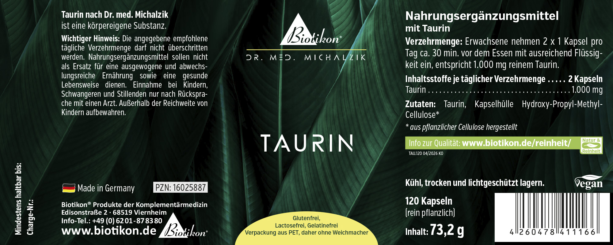 Suppléments alimentaires de taurine en capsules véganes et sans gluten, 120 pièces, emballage verdâtre.