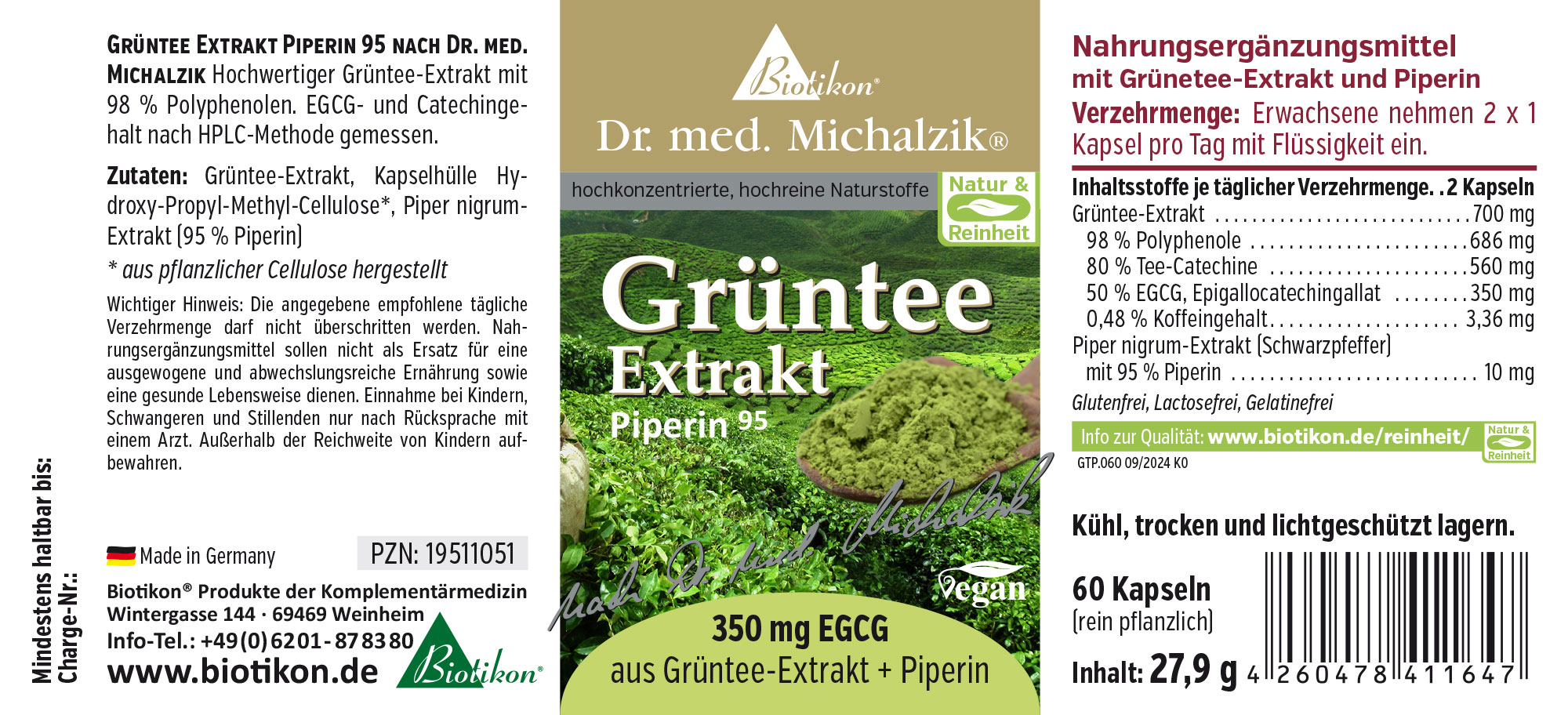 Extrait de thé vert avec piperine, 60 capsules dans un emballage, couleur verte, vue latérale.