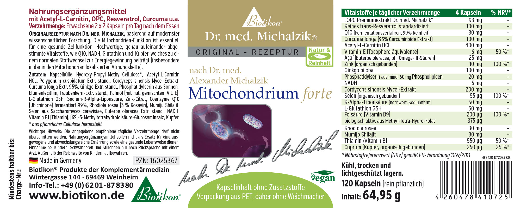 Mitochondrium Forte - 120 Capsules Complément alimentaire dans un emballage, 120 capsules végétaliennes, coque de capsule blanche, emballage étiqueté.