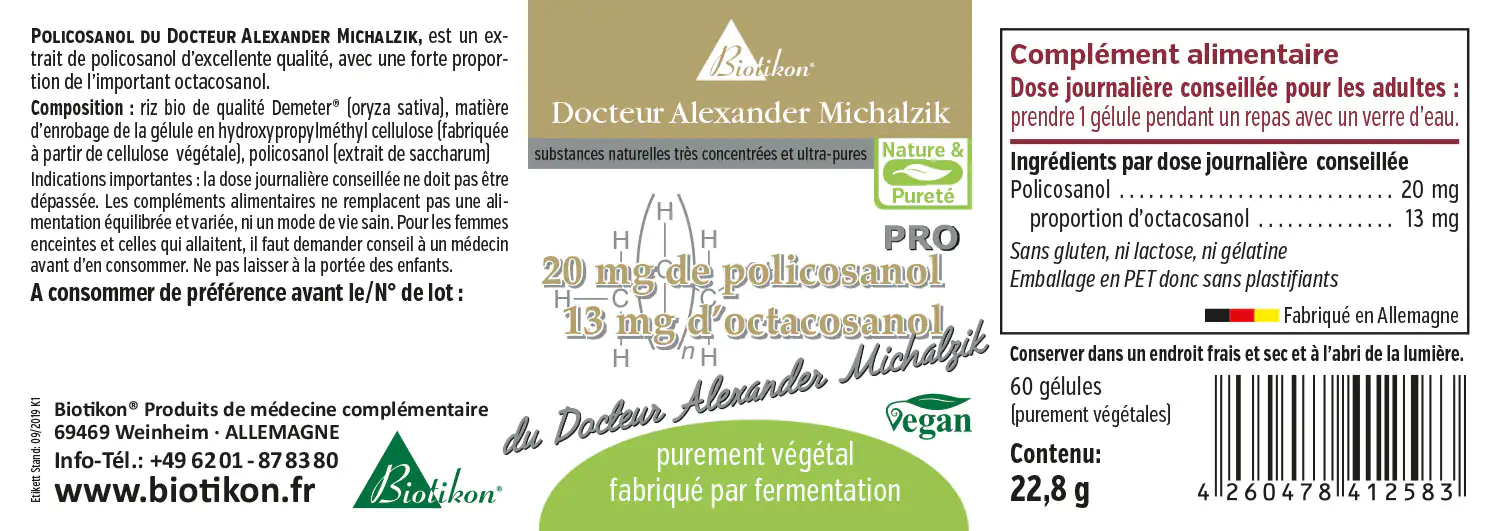 Capsules de Policosanol 20 mg - 60 unités 60 capsules végétaliennes contenant 20 mg de Policosanol et 13 mg d'Octacosanol dans un contenant en PET.