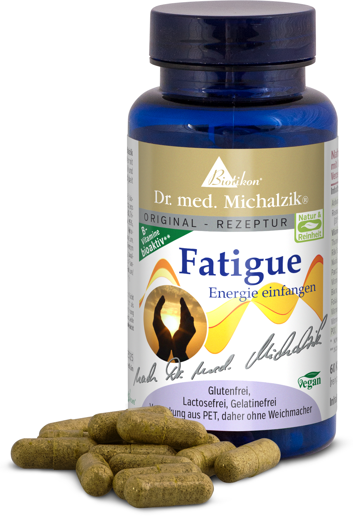 Vitamines B Fatigue - 60 Capsules Capsules brunes dans une bouteille bleue, 60 pièces, sans gluten, végan.