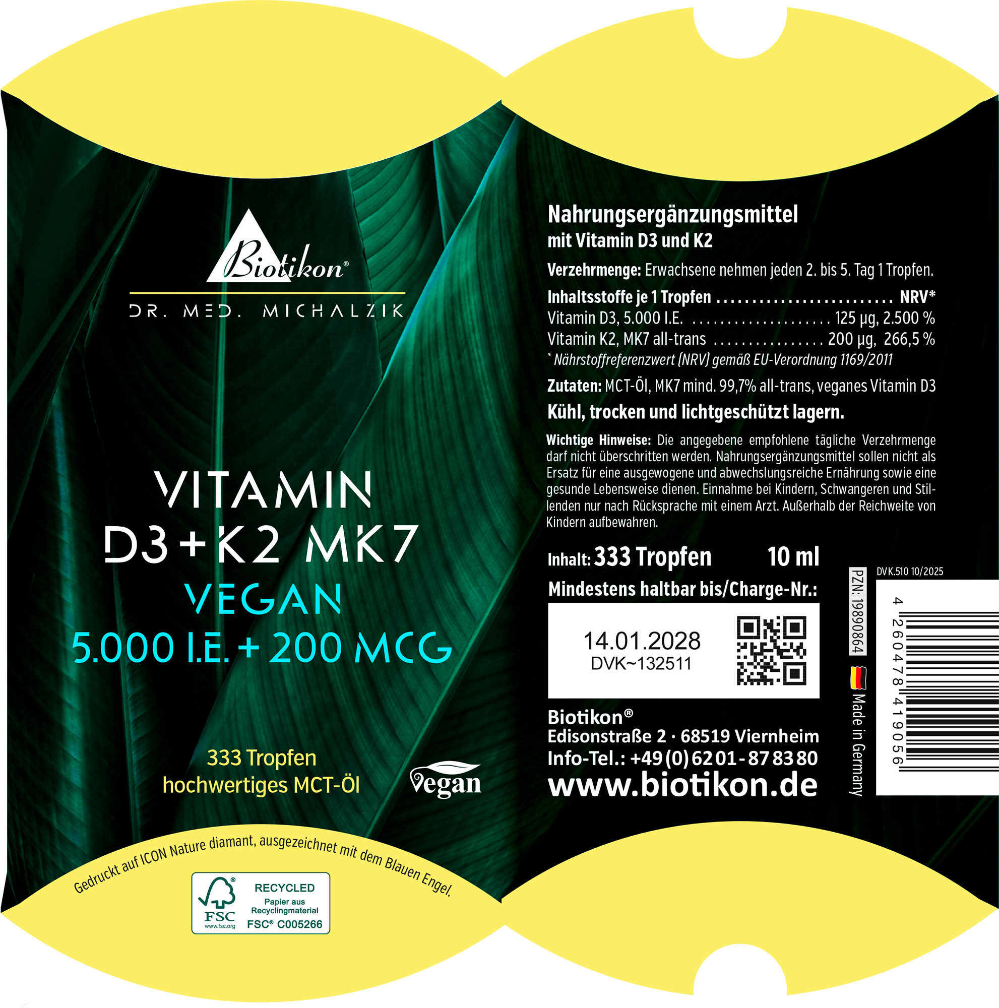 Complément alimentaire avec de la vitamine D3 et K2 en gouttes, 10 ml, emballage vert.