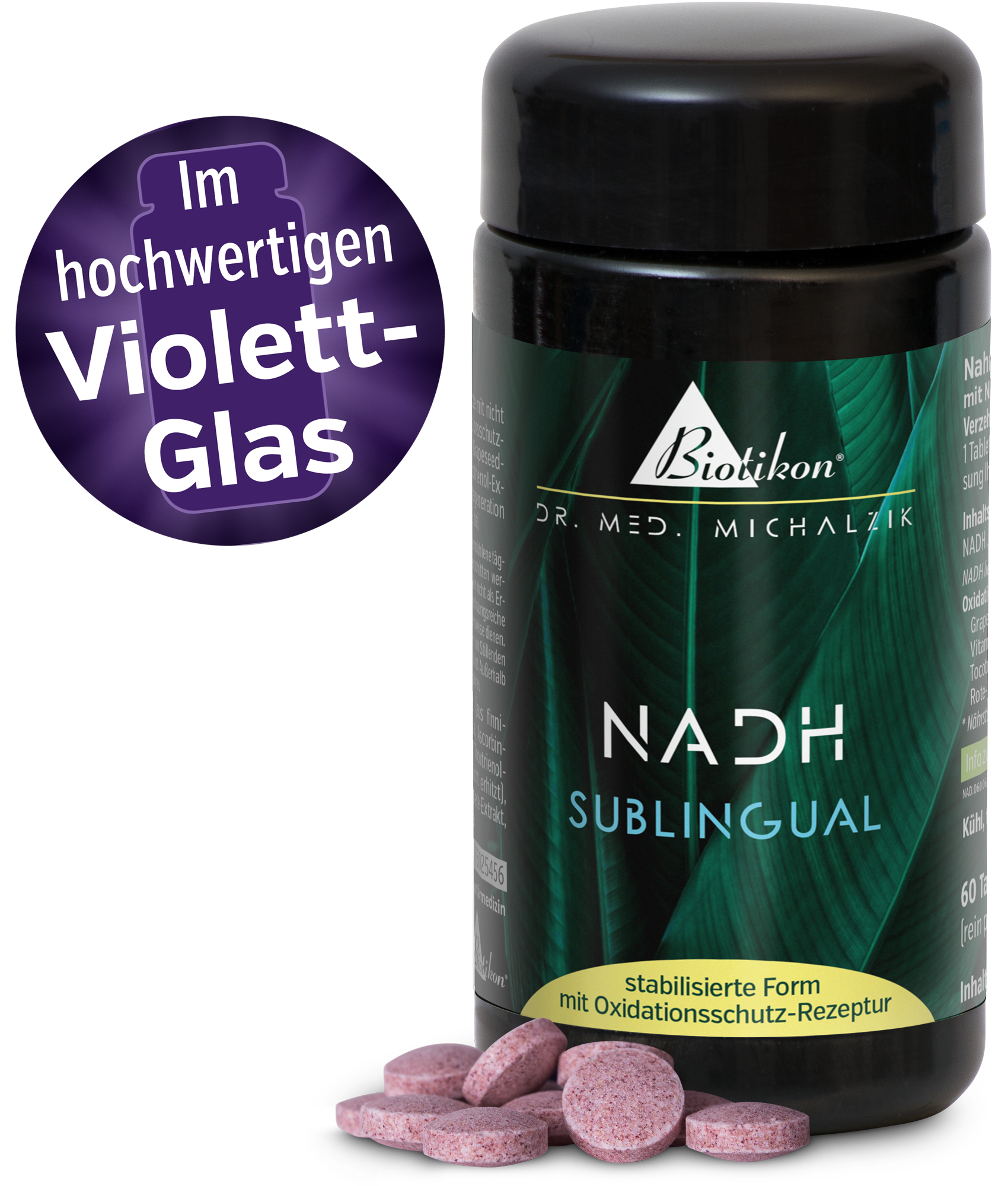 Dose de NADH en Verre Violet de Haute Qualité Bouteille en verre violet contenant 60 comprimés sublinguaux, élégamment emballée.
