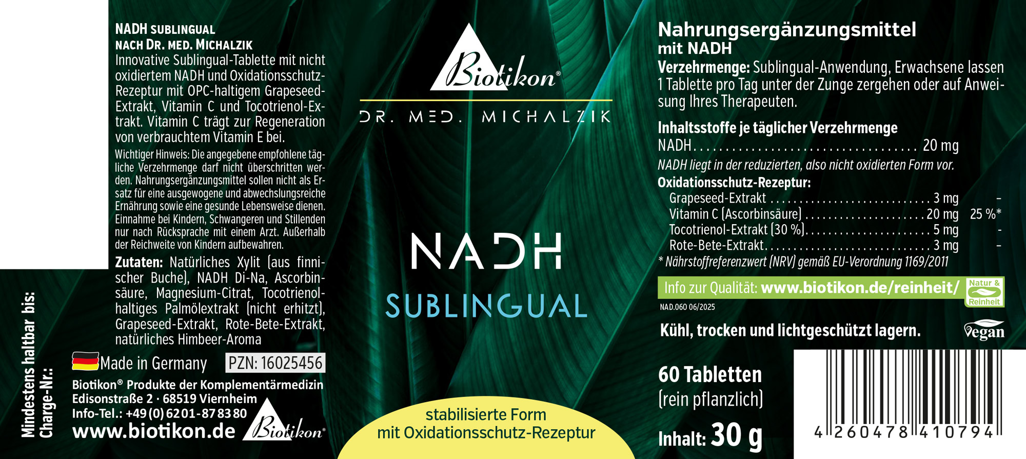 NADH sublingual 20 mg – 60 comprimés Comprimés sublinguaux NADH dans un emballage vert, 60 pièces, 30 g, avec informations sur les ingrédients.