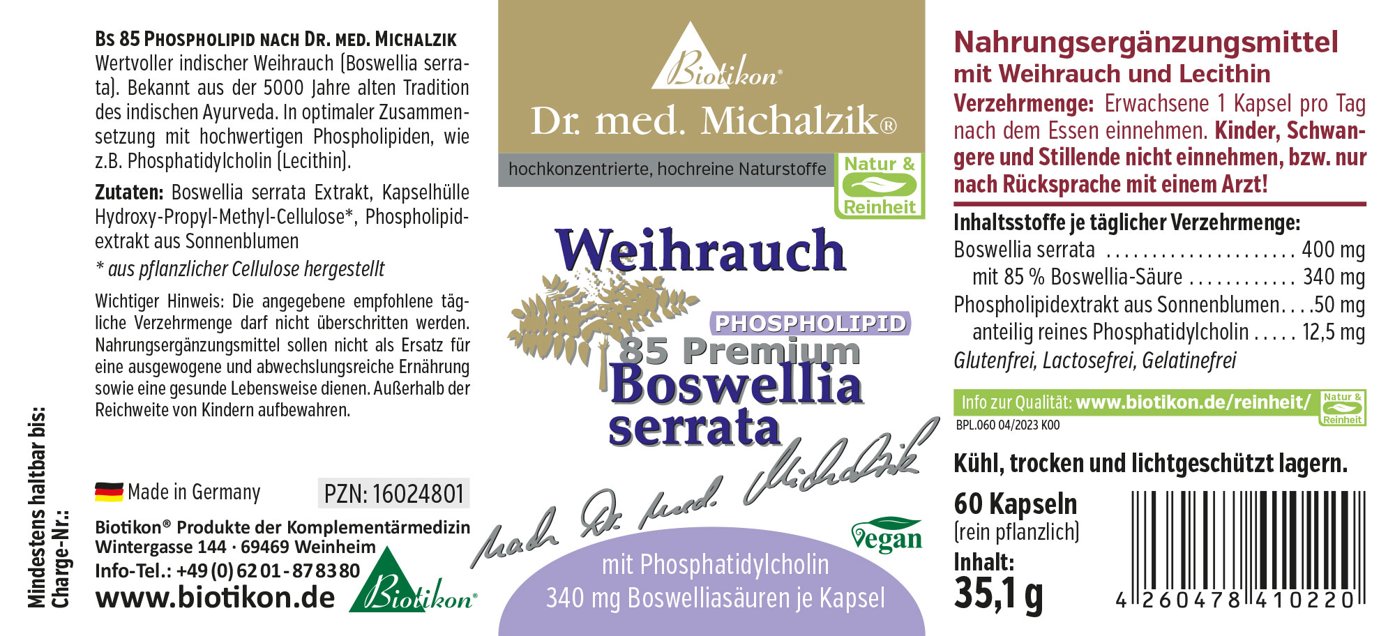 Complément Boswellia Serrata BS85, 60 Gélules Complément alimentaire avec Boswellia serrata, 60 gélules dans un emballage clair, vegan et sans gluten.