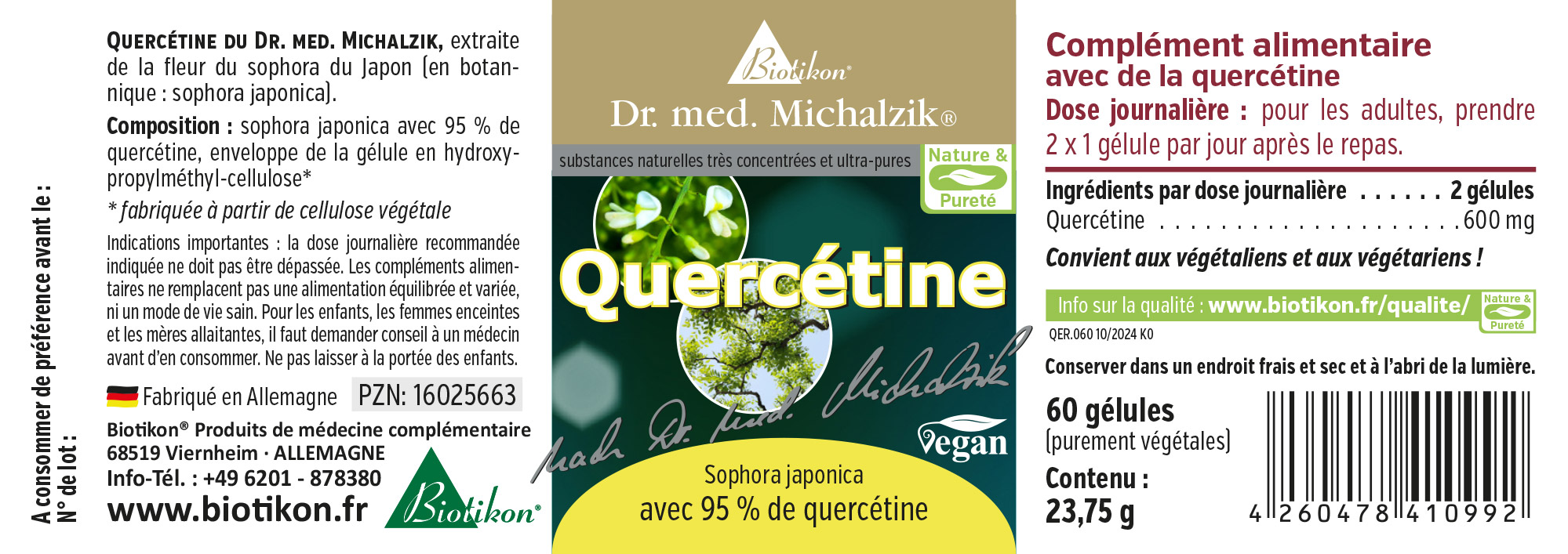 Quercétine 600 mg – 60 Capsules Complément alimentaire de quercétine, 600 mg par capsule, 60 capsules véganes dans un emballage.