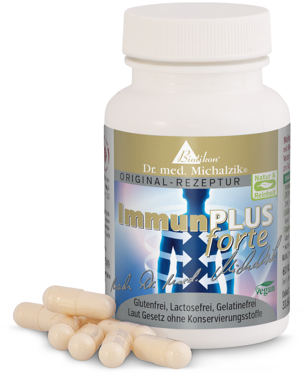 Système Immunitaire Plus Forte – Capsules Capsules pour le soutien immunitaire dans un emballage blanc, 60 pièces, sans gluten et végan.