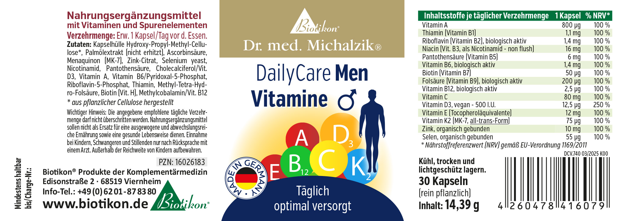 Vitamines 1 Capsule – DailyCare Men Complément alimentaire en forme de capsule, 30 capsules, emballage vert, vue de face de l'emballage.