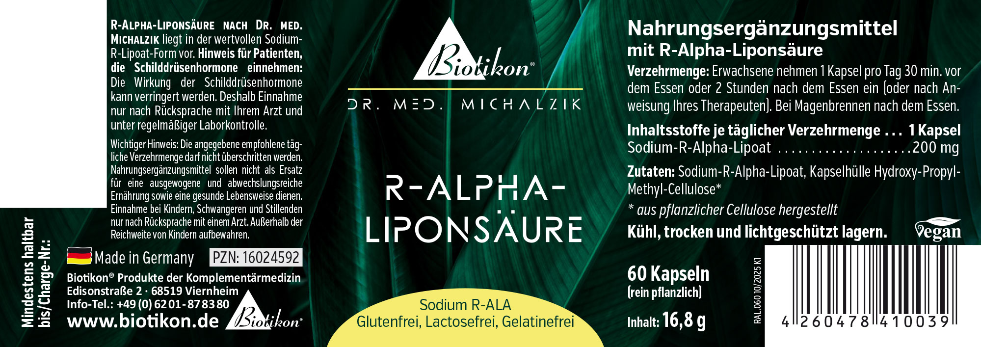 Acide Alpha-Lipoïque R 200 mg – 120 Capsules 120 capsules d'acide alpha-lipoïque R, emballage vegan, écriture verte et dorée, vue latérale.