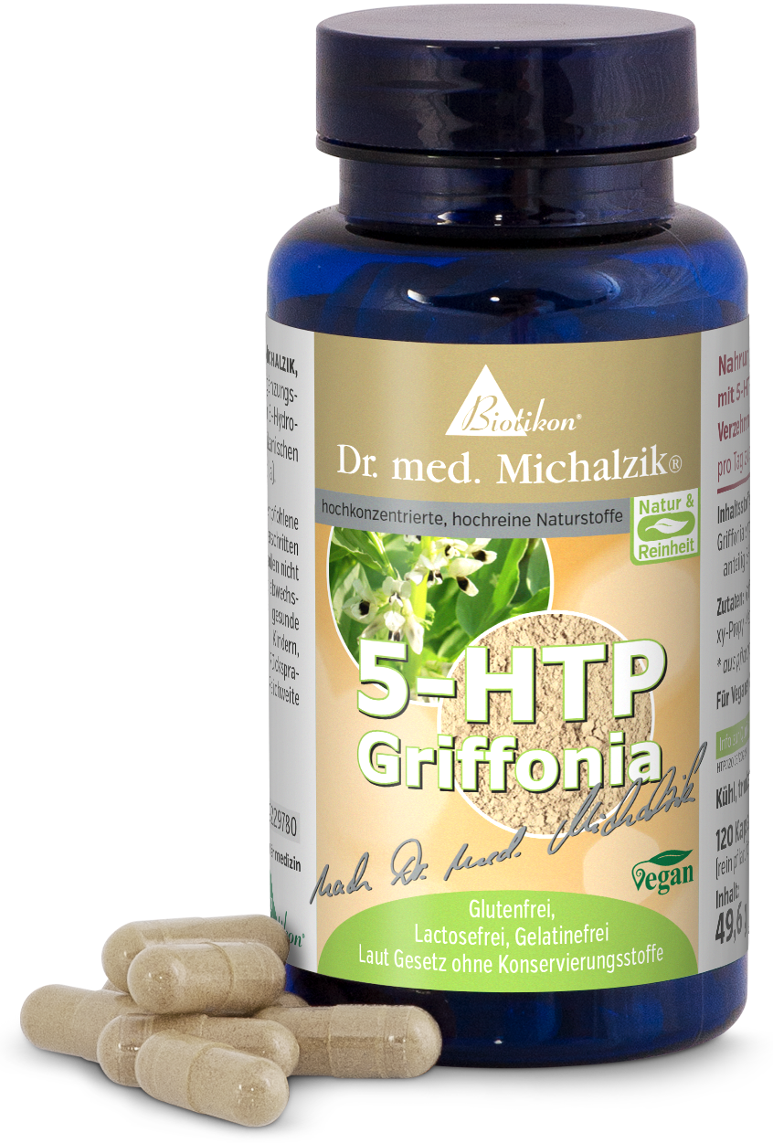5-HTP Griffonia – 120 Capsules Gélules brunes de 5-HTP Griffonia dans une bouteille bleue, 120 gélules, végan.