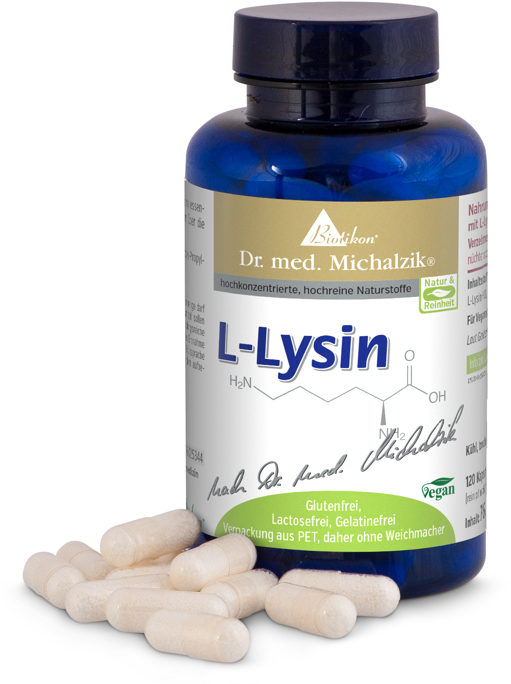 L-Lysine 120 Capsules – Haute Concentration Capsules de L-Lysine dans une bouteille en PET bleue, 120 pièces, blanches, véganes, sans gluten, sans lactose, avec quelques capsules à côté.