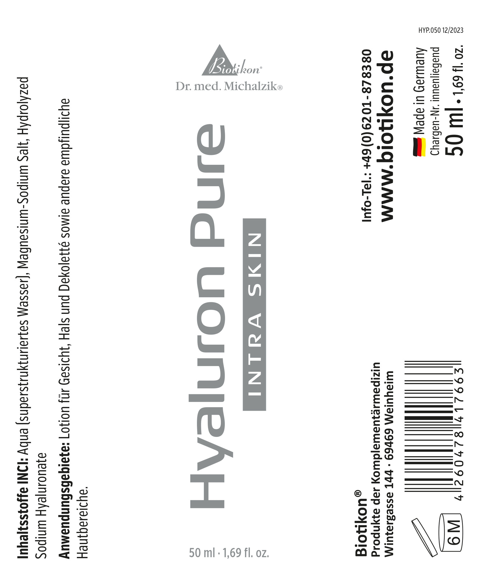 Hyaluron Pure 50 ml – Lotion Lotion Hyaluron Pure dans un flacon de 50 ml, bleu clair, pour le soin de la peau.