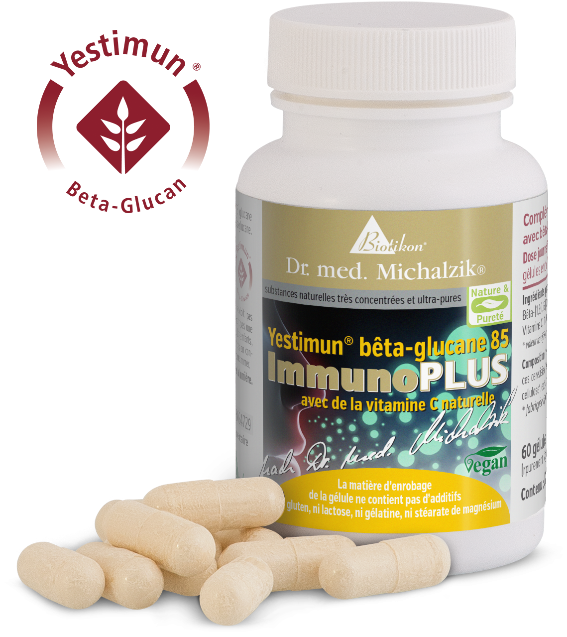 Yestimun Beta-Glucane 85 – Capsules Emballage de Yestimun Beta-Glucane 85, 60 capsules beige clair visibles avec le pot.