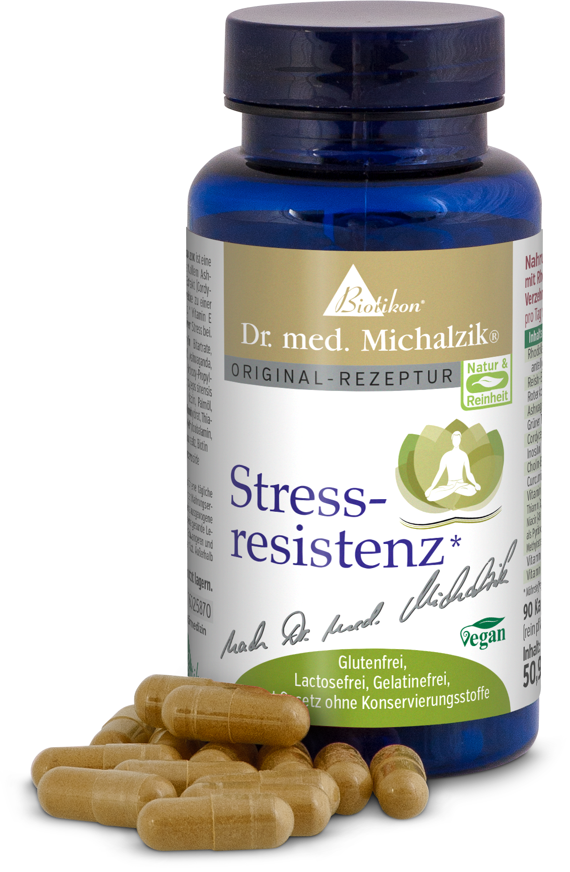 Résistance au Stress 90 Capsules – Complément Alimentaire Bouteille bleue avec 90 capsules pour la résistance au stress, capsules vert clair et beige.