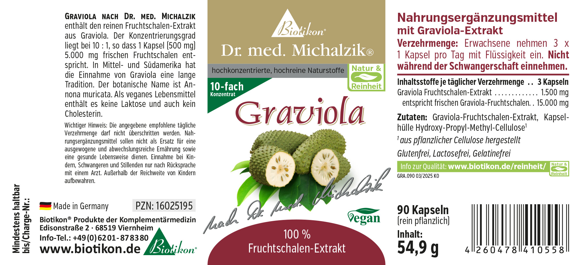 Graviola 1000 mg – 90 Gélules Supplément alimentaire Graviola en gélules, 90 pièces, emballage vert, vue de face