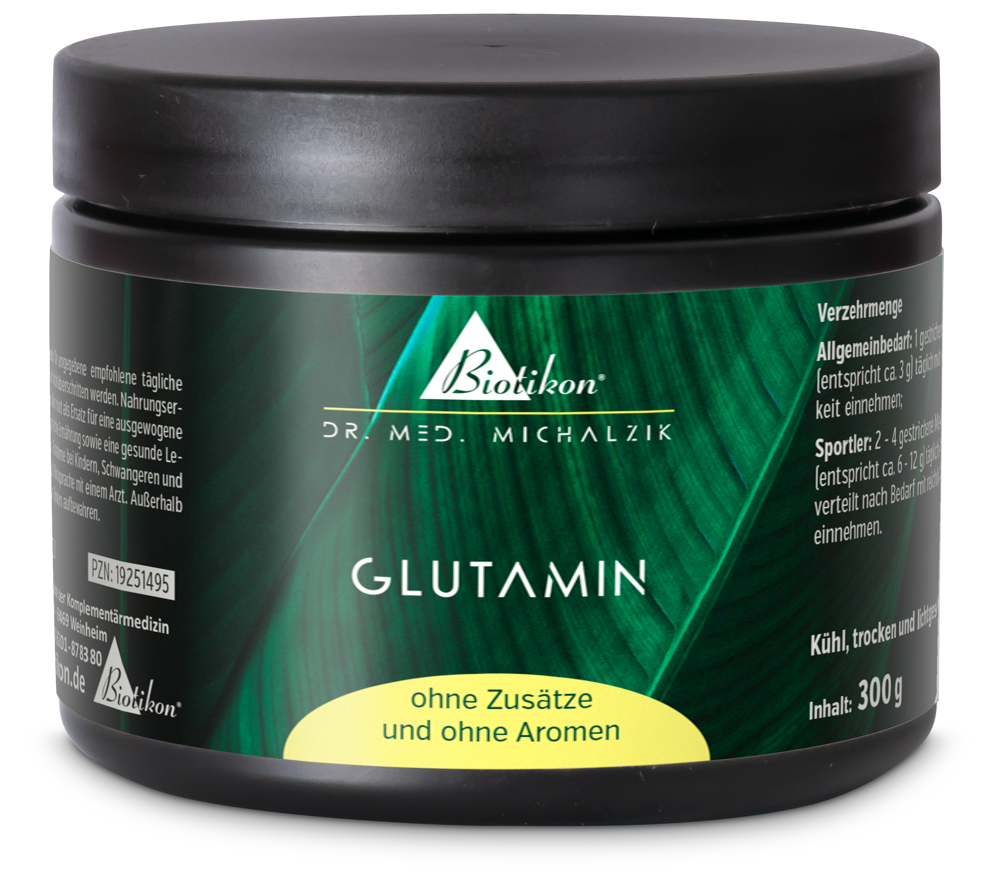 Glutamine 300 g – Poudre Poudre de glutamine dans un contenant en plastique noir, 300 g, sans additifs ni arômes, emballage vert.
