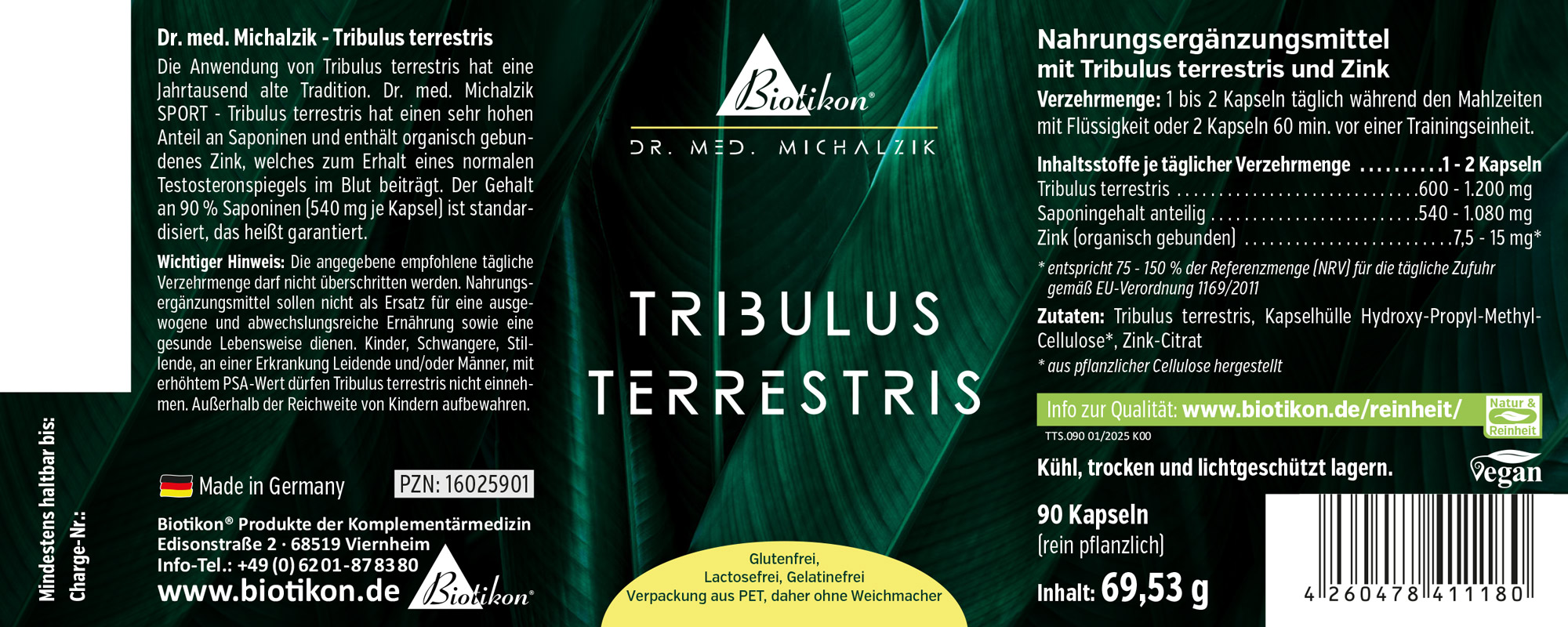 Tribulus Terrestris 90 capsules - Complément Alimentaire Complément alimentaire Tribulus Terrestris dans un emballage de 90 capsules, vert et jaune, vue de face.