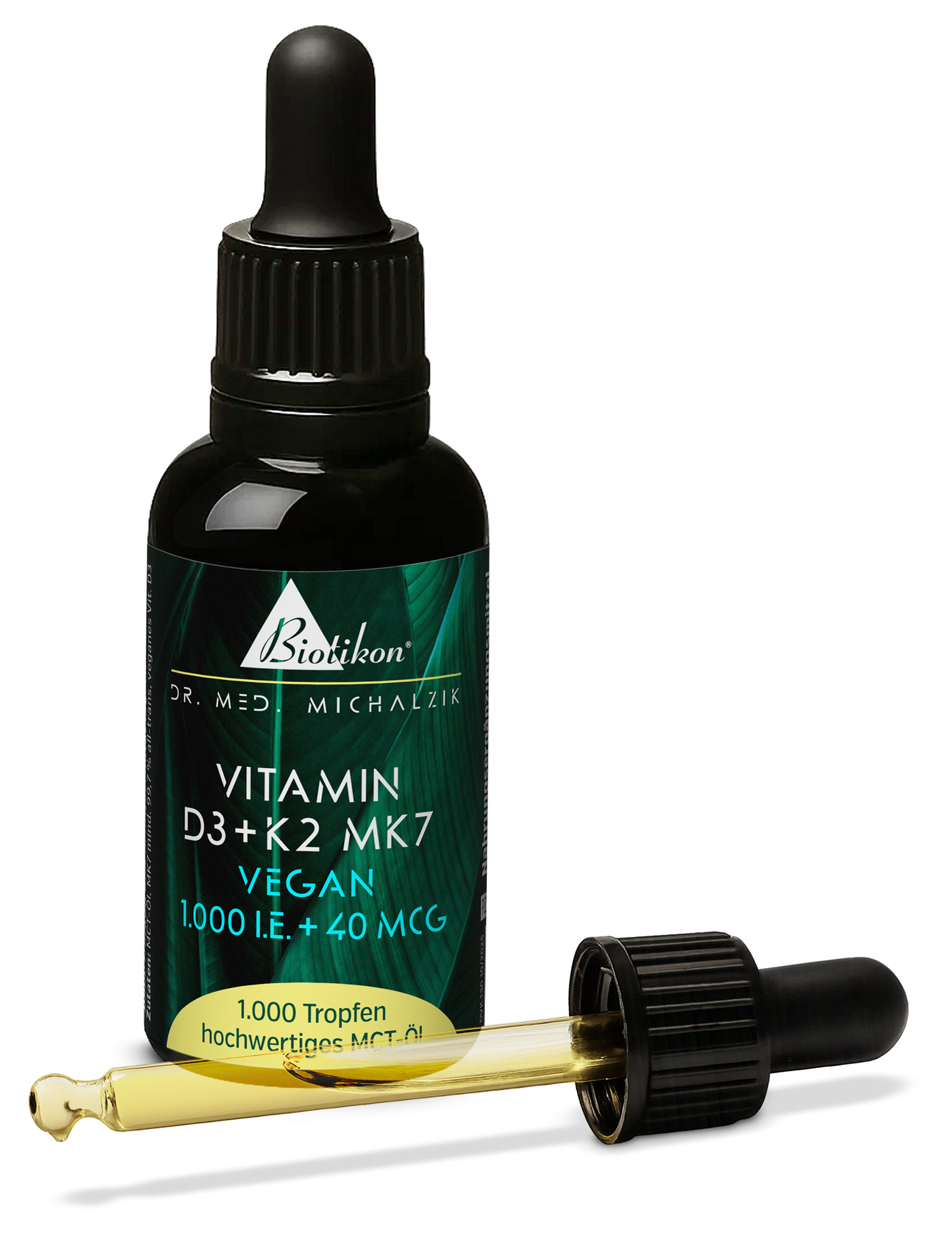 Bouteille de gouttes de vitamine D3 et K2 MK7, 1000 UI et 40 Mcg, liquide doré dans un compte-gouttes.