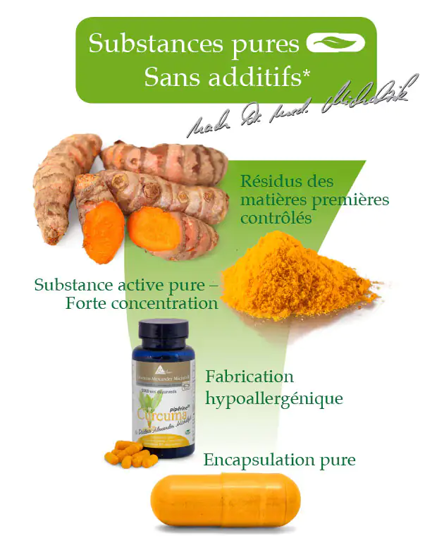 Extrait de Curcuma 500 mg – Capsules Capsules de curcuma dans une bouteille bleue, capsules jaunes, racine de curcuma frais et poudre visibles.